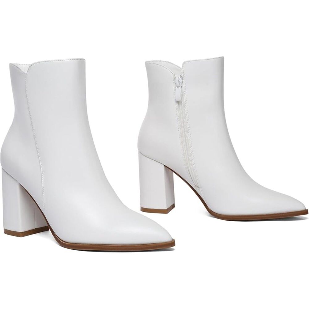 Women's White Fashion Pointed Toe Chunky Block Heel Side Zipper Short Ankle Boot - Picture 4 of 5